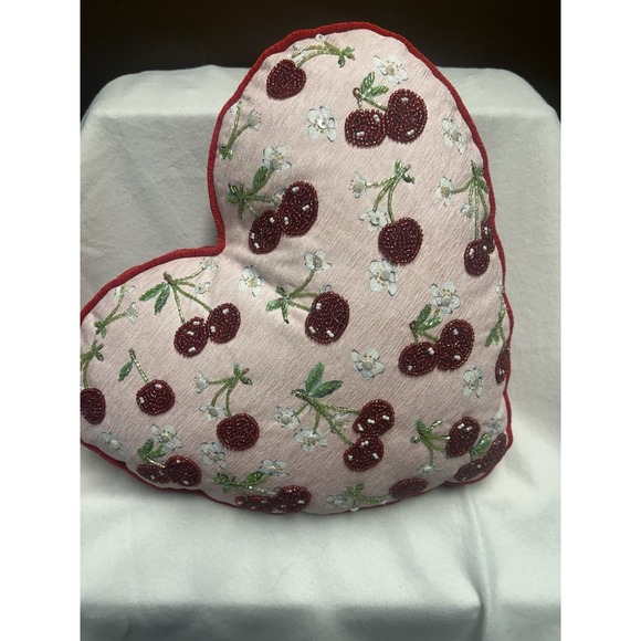 Valentine 16in Beaded Embroidered Cherry Heart Pillow - Picture 6 of 10